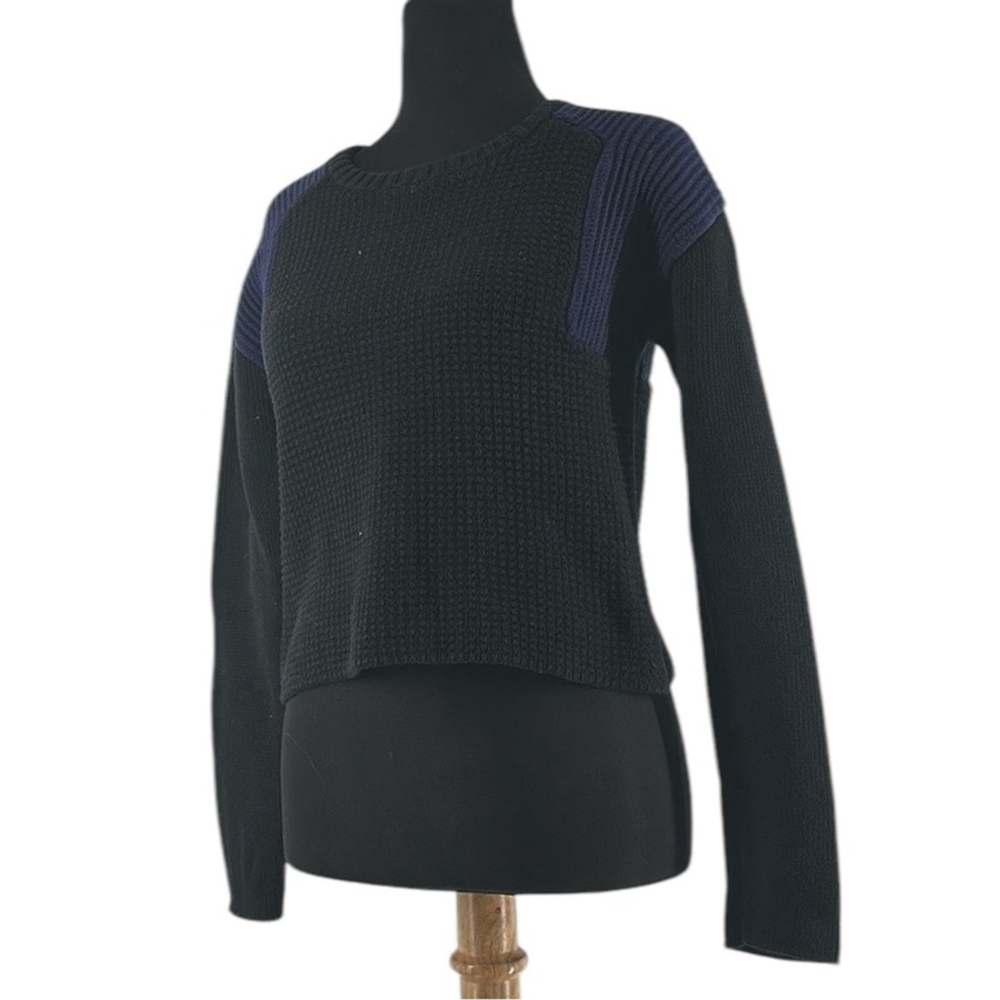 & Other Stories Tight Knit Pullover Sweater in Black & Blue Long Sleeve Size S